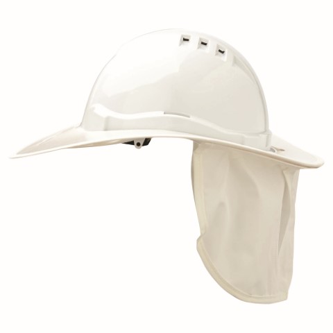 HARD HAT SNAP-BRIM PLASTIC WITH NECK FLAP - WHITE 